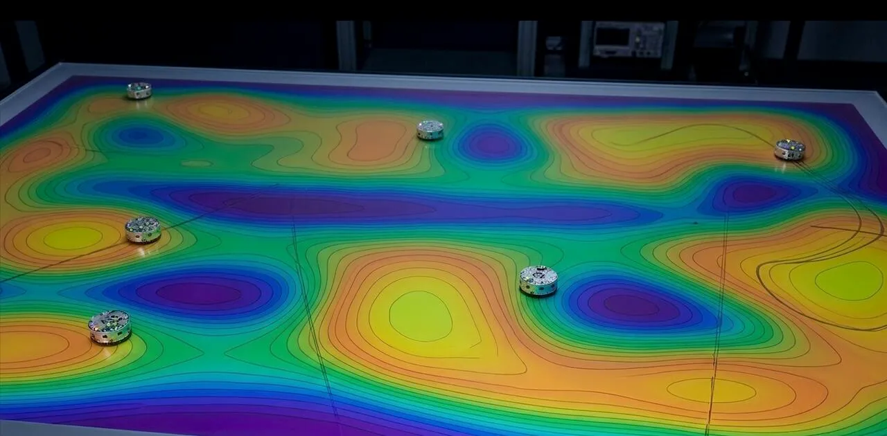 Six small robots spread across a table displaying a colored coverage heatmap of the surveyed area